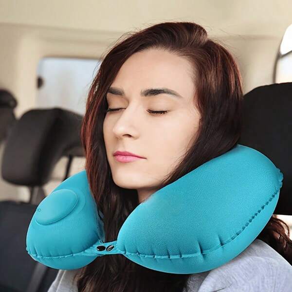 1 pieza Almohada de cuello inflable en forma de U de terciopelo moderno, soporte de cuello automático, portátil, multiposición, cierre de ajuste rápido, lavable a mano, adecuada para viajes, hogar, oficina, coche y noche de películas, excelente recomendación de regalo para vacaciones, exteriores