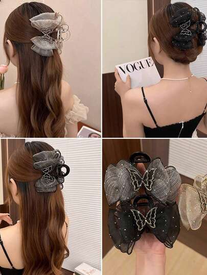 1pc Korean Rhinestone Butterfly Mesh Hair Clip For Women Fashion Elegant Hair Claw Hair Accessory For Girl Hair Jaw Clip
