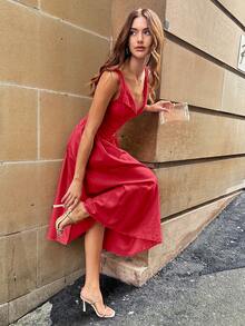 Women's Elegant Solid Color Button Low Waist Patchwork Midi Dress - Red - View 4