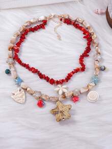 1pc Stylish & Versatile Beach Vacation Layered Pearl Shell Heart Insect Pendant Necklace, Simple For Women - Various Pendant Necklaces - View 4