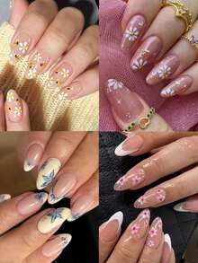 96 件（4 件混合）长杏仁可爱蜜蜂花朵指甲设计法式尖头按压指甲杏仁完美贴合亚克力假指甲套装，包括：1 件果冻胶和 1 件指甲锉，蜜蜂指甲和夏季指甲适合女士和女孩日常佩戴和派对使用指甲用品指甲 - 彩色 - 查看 2