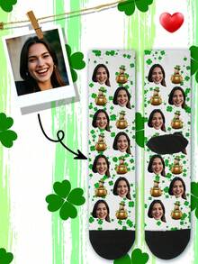 1 Pair 2025 New Custom Lucky Grass Socks, Custom Lucky Grass Socks, Lucky Socks, Custom Fun Round Neck Socks (With Photos) As A Gift For Men, Men's Gift Custom Valentine's Day Birthday Gift, As A Lover Gift, Men's Novelty Socks, Women's Novelty Socks - White - View 3