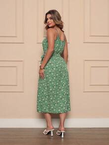 Women's Long Strap Dress | Crepe With Elastec L Flower I Off The Shoulder. - 橄欖綠 - 查看 4