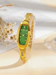 1pc Teenagers Rhinestone Studded Oval Dial Steel Strap Quartz Watch, Suitable As Birthday, Graduation Gift - Green - View 3