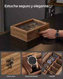 SONGMICS Caja de Relojes con 10 Ranuras, Estuche de Relojes de Madera con Tapa de Cristal, Forro de Terciopelo, Nogal Rústico MJOW100K01 - Marrón - Ver 3