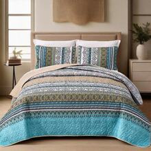 3 Pieces Boho Quilt Sets Queen King Size,Purple Bohemian Quilt Coverlet Soft Microfiber Lightweight Bedspread With 2 Pillowcases For Wedding Items,Valentines Day Home Bed Room Decor,Easter Gifts,Mothers Day Gift,All Season - Brown Blue - 查看 3