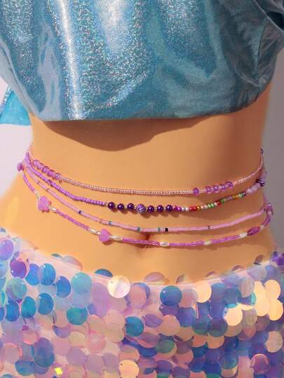 4pcs/Set Bohemian Style Purple Heart & Star Beaded Belly Chain, Sexy Waist Belt Jewelry For Women Summer Beach Party, Random Bead Color