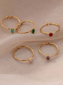 1 peça de anéis de pedra de nascimento de zircônia em formato de coração para mulheres, banhados a ouro 18K, aço inoxidável, 12 cores, anel de pedra de nascimento, joia estética para casamento e Natal, presente