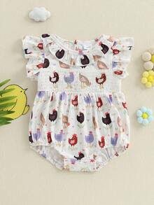 Baby Girl Chick Romper Smocked Round Neck Flying Sleeve Ruffle Bodysuit Cute Summer Clothes - White - View 6