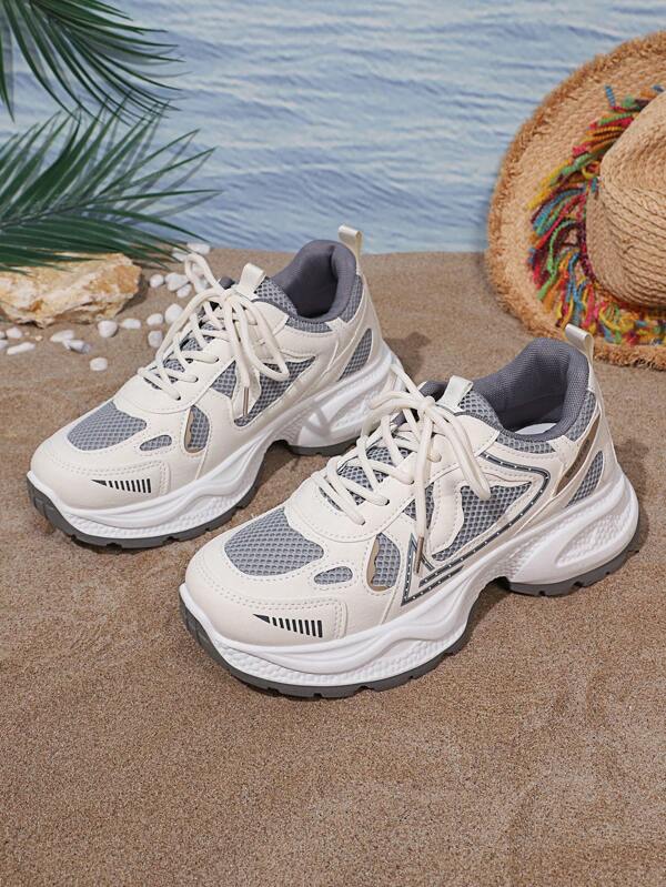 Women's Contrast Color Lace-Up Causal Sports Shoes, Thick Sole Chunky Sneakers, Breathable Versatile Trainers Increasing Height, Spring Summer Autumn New Style