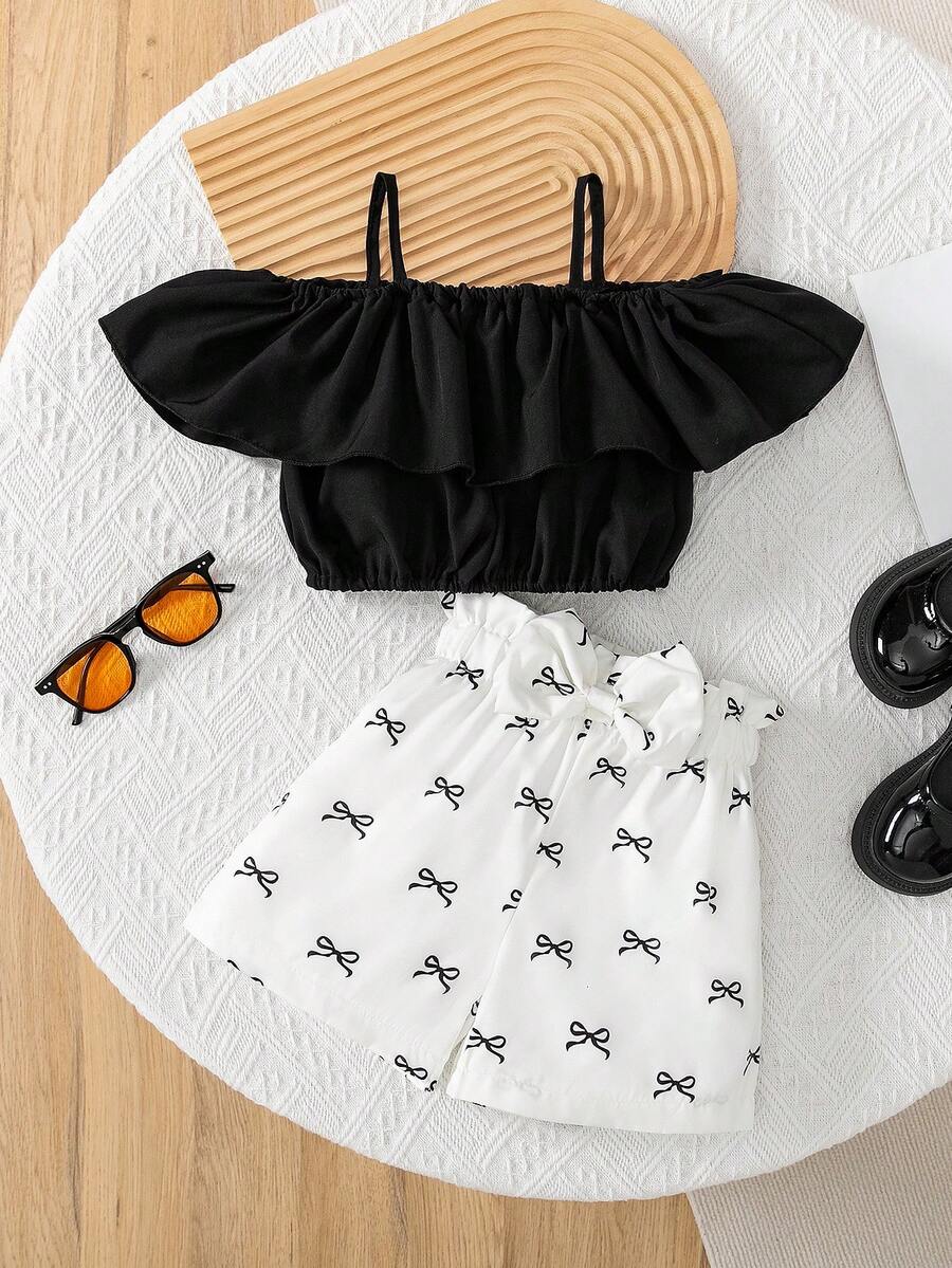 2pcs/Set Young Girl Fashion Cute Ruffle Off-Shoulder Tank Top + Rose Print Shorts - Black - View 1