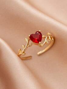 1 chiếc nhẫn hở hình trái tim Cubic Zirconia màu đỏ tối giản & thanh lịch, đeo hàng ngày, đám cưới, tiệc tùng, quà tặng ngày lễ, đồ trang sức bằng đồng - Vàng - Xem 1