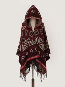 1pc New Geometric & Floral Print Hooded Cape/Shawl - Multicolor - View 22