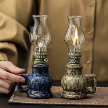 1pc Ceramic Kiln-Fired Glaze Home Oil Lamp With Handle And Lamp Shade, Adjustable Wick Camping Oil Lamp, Indoor Ceramic Oil Lamp Candle Holder, Kerosene Lamp With Wick, Oil Lamp/Hurricane Lamp With Fire Control Knob - Oil Lamp - View 3