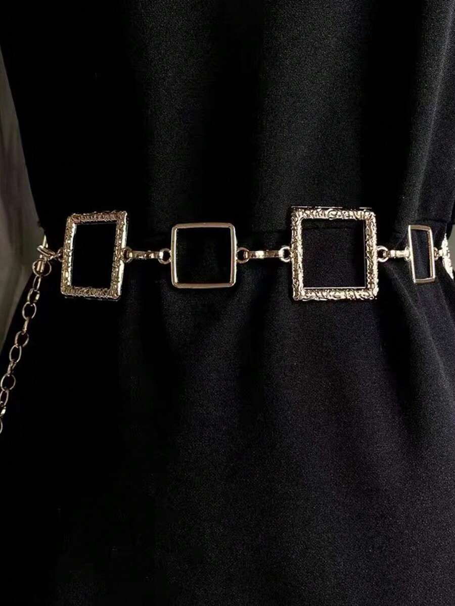 1pc Women's Square Metal Waist Chain, Hollow Carved Design Waistband Decor, Minimalist Fashion Suitable To Pair With Shirts, Dresses, Skirts, Jeans, For Daily Wear Summer, School - Multicolor - View 1