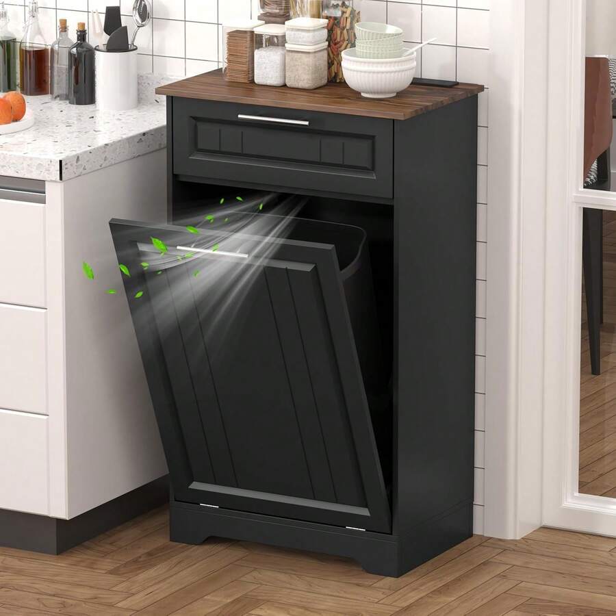 Single 10 Gallon Tilt Out Trash Can Cabinet, Wooden Hidden Garbage Can Holder With Storage Drawers For Kitchen And Dining Room, Laundry Hamper Cabinet For Bathroom, Black - Black - View 1