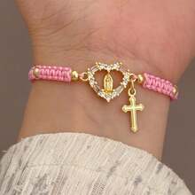 1 pezzo Braccialetto intrecciato regolabile ispirato alla fede, con disegno della Vergine Maria e della Croce, placcato in oro 18K in rame con zirconia cubica, adatto per uomo e donna per uso quotidiano