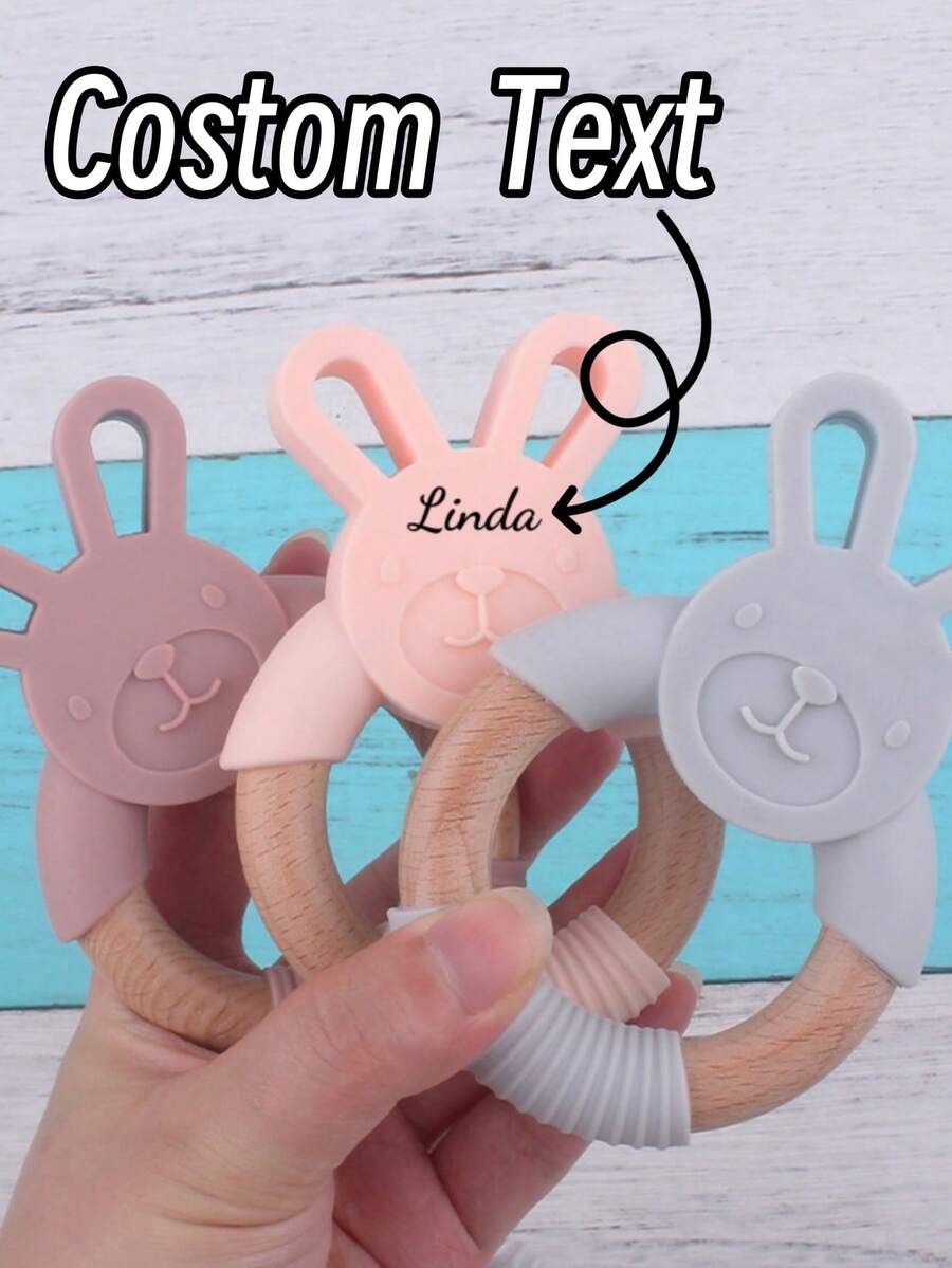 Customized Baby Teething Gel Silicone Animal Wood Ring Teething Gel Biting Rodent Beechwood Baby Cartoon Animal Rabbit Wristband Teething Gel