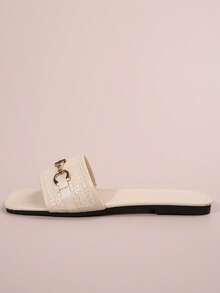 Sandalias planas deslizantes con decoración de lazo de perlas y lentejuelas de rhinestone de lujo para mujeres, aptas para uso casual, citas, fiestas y ir de commuting - Beis - Ver 4