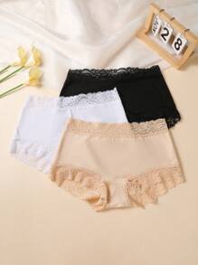 3pcs/Set Lace Mid-Waist Sexy Underwear, Solid Color, Mature Charm & Elegance, Lace Patchwork