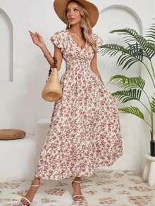 Printed Tie Waist A-Line Dress With Ruffle Hem, Vacation Style Short Sleeve Dress - Apricot - View 5
