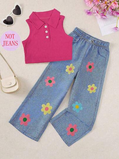 Young Girl's Solid Color Casual Vest Top With Denim Effect Flower Print Pants, Summer