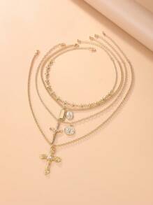 4 pezzi set di collane multistrato con pendente geometrico rotondo in metallo vintage, collana con ciondolo a croce di Gesù in stile punk per donna