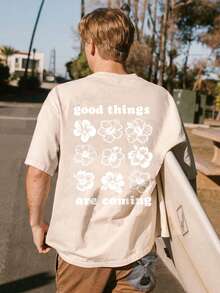 YUNCHIC - Men's Dropped Shoulder Loose Fit Printed T-Shirt, Spring/Summer - Khaki - View 1