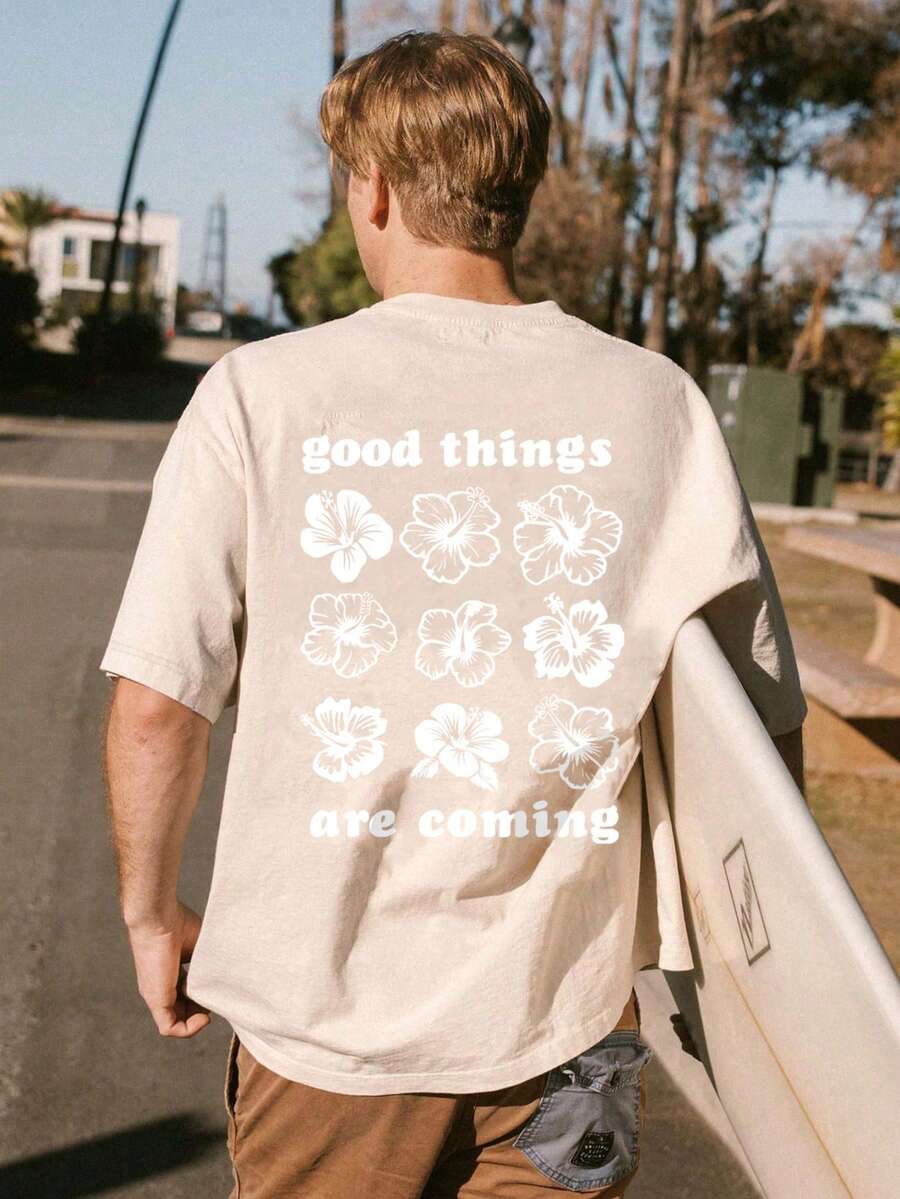 YUNCHIC - Men's Dropped Shoulder Loose Fit Printed T-Shirt, Spring/Summer - Khaki - View 1