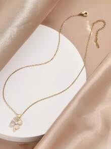 1pc Stainless Steel Gold-Plated Chain Cubic Zirconia Cat Eye Stone Clover Pendant Necklace, Unique Minimalist Fashion Unisex Necklace For Casual, Party, Holiday Wear (No Gift Box)