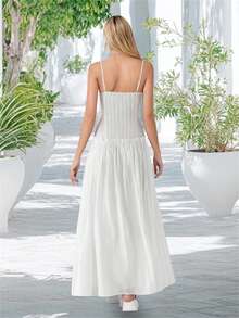 Women Long Dress Solid Color Spaghetti Strap Cami Dress Summer Fashion Sleeveless Casual Dress - 白色 - 查看 6