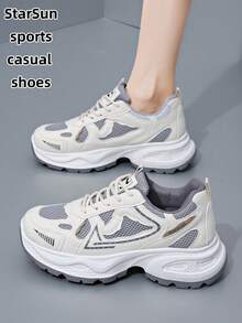 女士春秋新款休闲运动鞋，透气网眼厚底坡跟系带轻便百搭时尚运动鞋，白色/灰色，适合所有季节，运动休闲鞋 - 灰色 - 查看 3