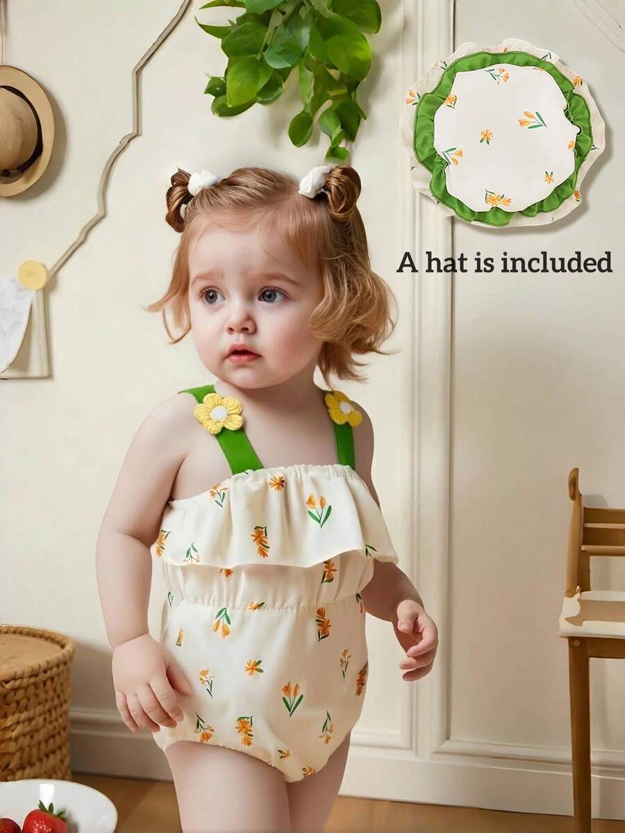 Infant Girl 3D Floral Decor Camisole Bodysuit & Hat Set, Elegant Design Suitable For Spring & Summer Vacation - Multicolor - View 1