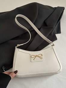 Bolso de hombro en forma de media luna elegante para mujeres, de moda informal y elegante, bolso axilar de unicolor - Blanco - Ver 3