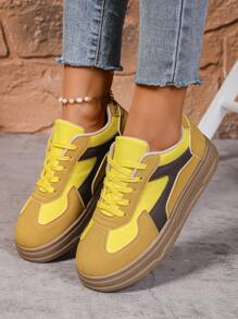 Women's Casual Shoes Thick Sole Color Block Round Toe Yellow Wedge Platform Sneakers