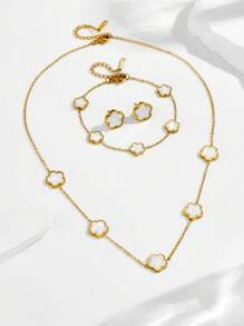 1 Set eleganter 5-Blatt Klee & Pflaumenblüte Edelstahl Halskette, 1 Stück Armband, 1 Paar Ohrringe Schmuckset, geeignet für täglichen Gebrauch oder Partytragen von Frauen, perfektes Geschenk zum Muttertag