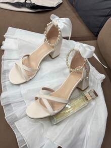 时尚百搭珍珠带青少年夏季派对高跟凉鞋 - 杏色 - 查看 2