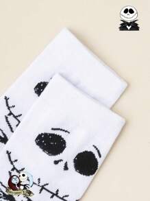 Disney 1 par, unisex, calcetines de media caña con dibujo de Jack de Disney, contraste negro y blanco, tejido suave, ajuste elástico, estilo gótico oscuro, set de calcetines de pareja/mujer, edición limitada para Pascua/verano/Halloween/pareja/mujer/calcetines blancos