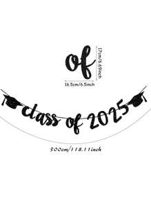 1 Set Glitter Pink & Black 2025 Graduation Congratulations Banner, Paired With Graduation Cap Hanging Flag Decorations, Suitable For Graduation Ceremony And Party Decoration