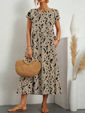 女士春夏全身印花复古梭织面料中长连衣裙适合海滩或度假。