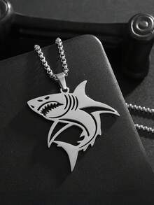 1 buc. Colier cu pandantiv punk Fierce Shark din oțel inoxidabil, accesoriu elegant pentru îmbrăcăminte de stradă, colier decorativ versatil - Argint - Vizualizare 3