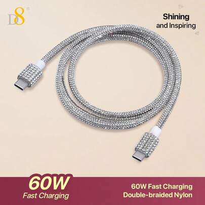 D8 USB-C 转 USB-C 数据线，支持快充（3.3 英尺，60W），水晶装饰，水钻光泽，兼容 、Galaxy S23+/S23/S22/S21/S20 FE Ultra 5G、Note 20、Pixel 7/6 Pro/5/4/3/6a/5a/4a/3a XL