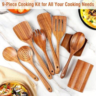Juego de 9 piezas de utensilios de cocina de boj natural, con reposaespátulas - Cómodas cucharas de cocina y soporte para utensilios