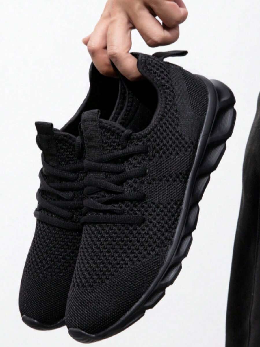 Men's Fashion Lightweight Breathable Sport Casual Shoes, Solid Black Color Versatile Athletic Running Sneakers With Soft Sole - Black - View 1