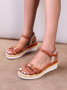 2025 Plus Size Roman Style Open Toe Solid Color Round Toe Strap Ankle-Strap Platform Wedge Sandals, Suitable For Weddings, Office, Outdoor In Summer - Brown - View 1