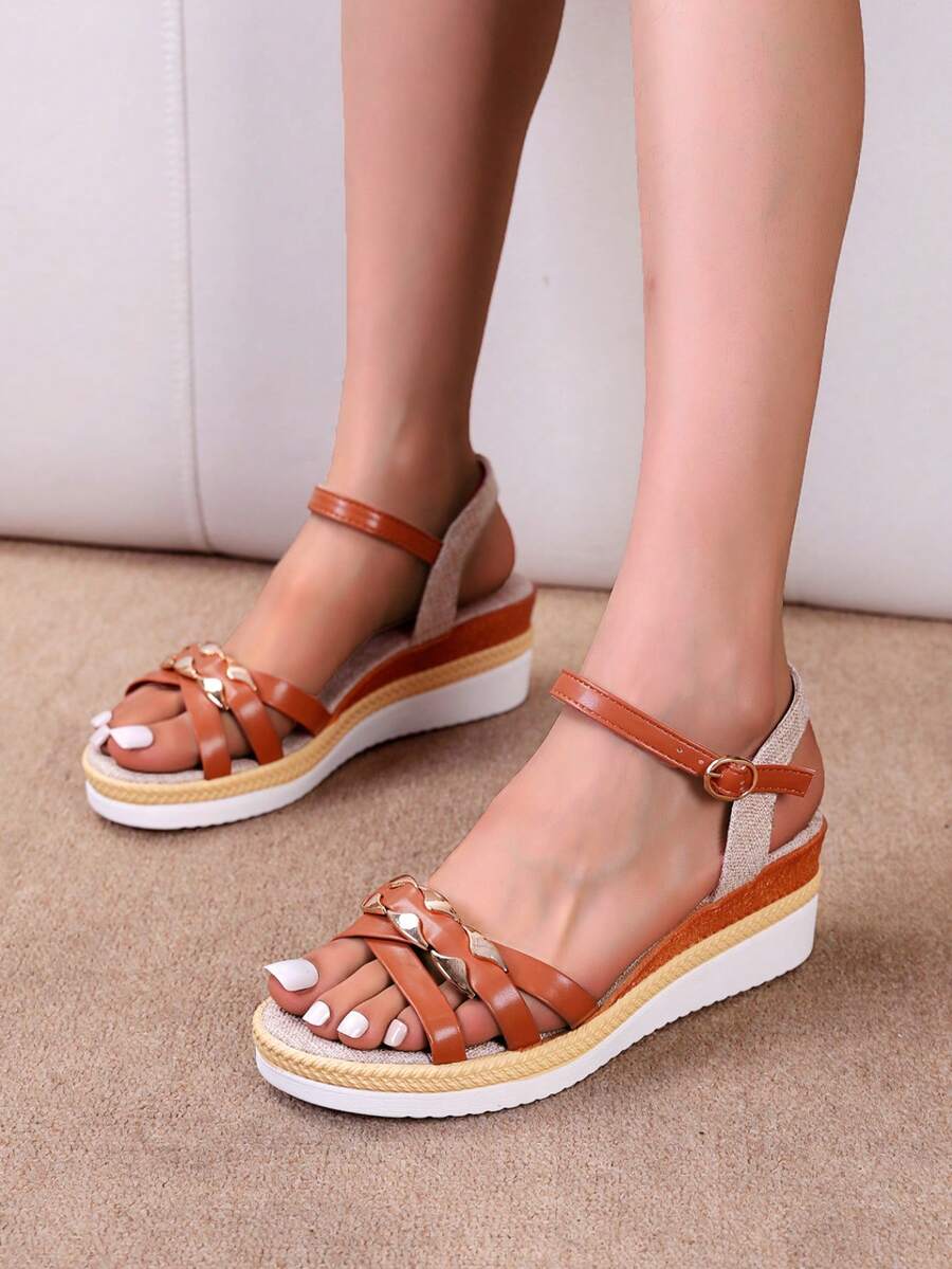2025 Plus Size Roman Style Open Toe Solid Color Round Toe Strap Ankle-Strap Platform Wedge Sandals, Suitable For Weddings, Office, Outdoor In Summer - Brown - View 1