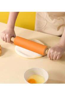 1pc Silicone Rolling Pin With Wooden Handle, Non-Stick Dough Roller