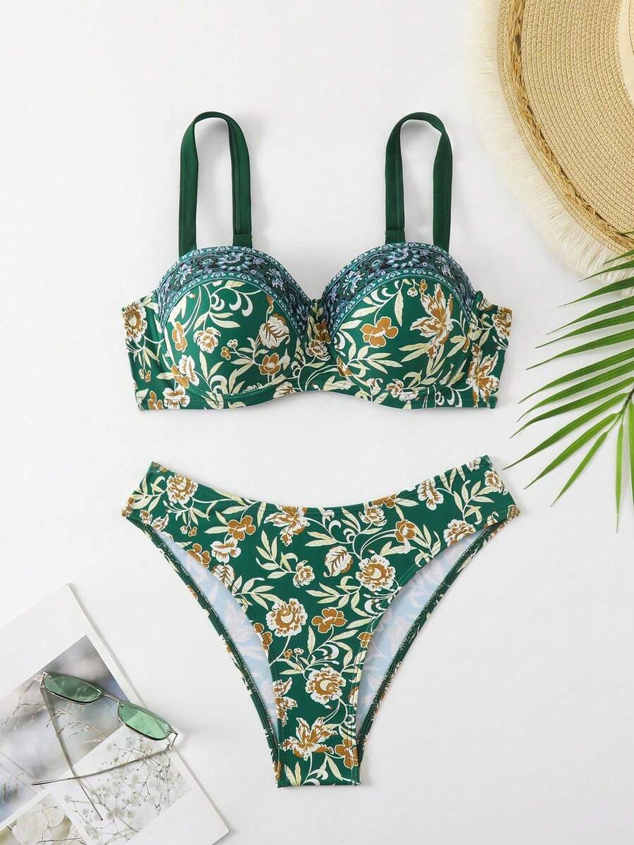 Women's Floral Print Bikini Set With Underwire, Beach Vacation Style - Multicolor - View 1