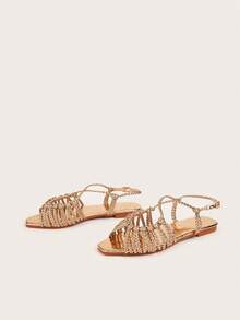 Sandal Wanita Model Flat dengan Motif Anyaman Simpul Berpilin Warna Champagne dan Tekstur Batu, Pola Anyaman Acak dan Tekstur Batu. - Sampanye - View 2