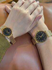 sottas Novo Relógio de Casal Dourado Masculino e Feminino, Um Par de Relógio Estilo Coreano, Simples, Atmosférico, Casual, Versátil, À Prova D'água, Quartzo, Pulseira de Aço